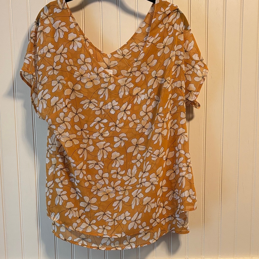CAbi Floral V-Neck Blouse - Mustard and White